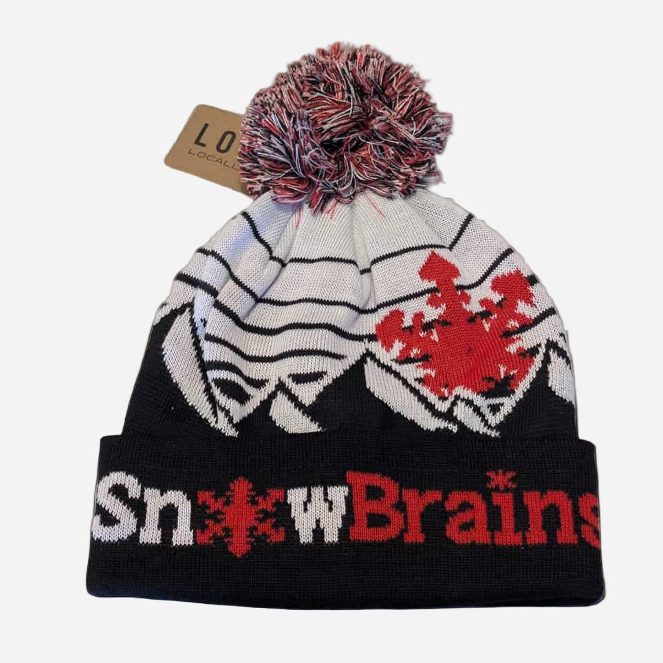 Knitted beanie with red and white design and 'SnowBrains' branding on a black background